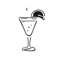 Cocktel vector black and white illustration. Cocktail glass, doodle style.