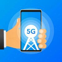 Hand holds phone with a tower that shows the available 5G mobile network on blue background. Vector illustration.