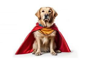 Cute dog Golden retriever with super hero costume help people and perform a mission isolated on white background, funny moment, pet concept, with Generative Ai. photo