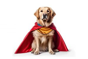 Cute dog Golden retriever with super hero costume help people and perform a mission isolated on white background, funny moment, pet concept, with Generative Ai. photo