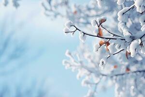 invierno temporada con nieve tapas cubierto ramas de pino árbol en Navidad festival, copo de nieve y bokeh Brillantina ligero antecedentes para burlarse de arriba, Navidad víspera nuevo año fondo, con generativo ai. foto