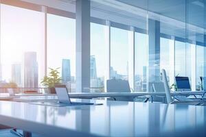 Blurred Office interior room background with modern design in working hours, indoor building of workplace of workspace, panoramic view through glass windows, with Generative Ai. photo