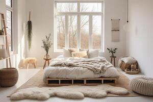 Boho minimal bedroom interior style with Home decoration mock up. Cozy beige tine stylish, furniture, comfortable bed, Modern design background with Generative AI. photo