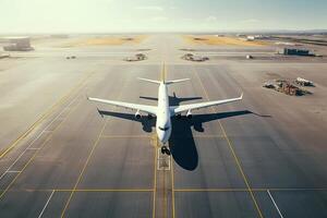 Aerial top view of airport with airplane running on runway for take off and lading, air traffic transportation concept, with Generative Ai. photo