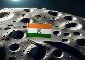 bandera de India metido en el Luna superficie exitoso misión. ai generado foto