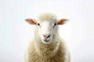 White fluffy sheep farm portrait looking at camera isolated on clear png background, funny moment, Farmland animals concept, with Generative Ai. photo