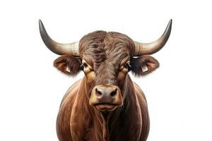 Strongest dark brown bull with muscles and long horns portrait looking at camera isolated on clear png background, Animals Fighter concept, with Generative Ai. photo