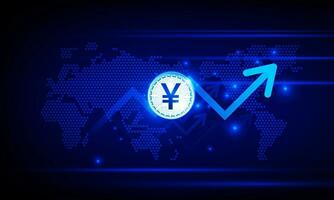 financiero gráfico con Moviente arriba flecha yuan de chino dinero grafico y mundo mapa en valores mercado en azul color antecedentes concepto innovación fondo, vector diseño