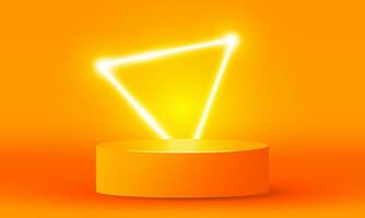 Bright stadium neon lights orange abstract room with neon triangles. lamp lighting Stage for showcase. vector design.