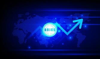 Financial chart with moving up arrow graph brics coin cryptocurrency technology and world map in stock market on blue color background concept innovation background, vector design