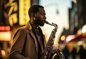 un hombre jugando el saxofón en un ciudad calle ai generativo foto