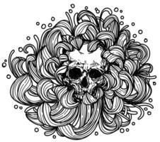 tattoo art flower in the center of the flower is a skull sketch black and white vector