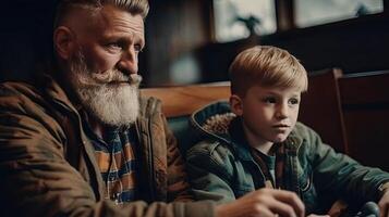 un hombre y un chico sentado a un mesa con un computadora ai generativo foto