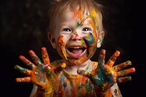 un niño con pintar en su manos ai generativo foto