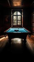 Billiard table with green surface and balls in the billiard club.Pool Game AI Generative photo