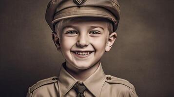 un chico en un explorar uniforme sonriente ai generativo foto