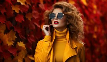 Autumn background with beautiful woman photo