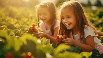 muchachas con fresas en soleado día foto