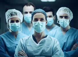 Group of doctors and nurses showing face masks in hospital photo