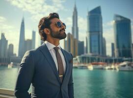Indian man looking up at business on background of city by the water photo