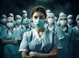 Group of doctors and nurses showing face masks in hospital photo