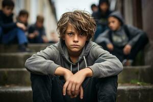 A young boy sits on the stairs next to other young children photo