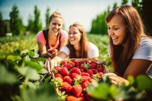 Girls with strawberries on sunny day photo
