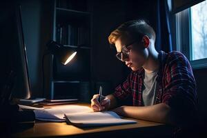 un joven hombre es escritura en un cuaderno a noche ai generativo foto