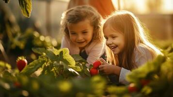 muchachas con fresas en soleado día foto