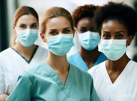 Group of doctors and nurses showing face masks in hospital photo