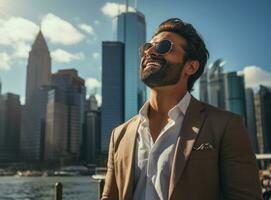 Indian man looking up at business on background of city by the water photo