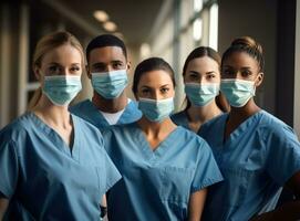Group of doctors and nurses showing face masks in hospital photo