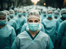 Group of doctors and nurses showing face masks in hospital photo