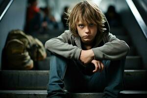 A young boy sits on the stairs next to other young children photo