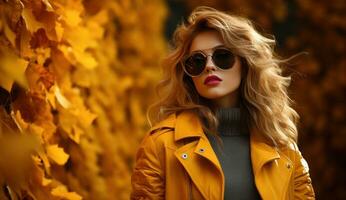 Autumn background with beautiful woman photo