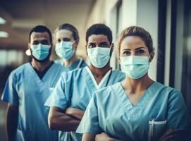 Group of doctors and nurses showing face masks in hospital photo