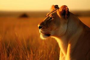 Lions in the savannah ready to hunt photo