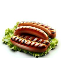 Grilled pork sausages with lettuce isolated on white background AI Generated photo