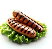 Grilled pork sausages with lettuce isolated on white background AI Generated photo