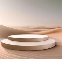 Round podium in the desert for display product. Background for cosmetic product branding, identity and packaging photo
