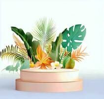 Summer themed tropical podium for display product. Background for cosmetic product branding, identity and packaging isolated on white background with empty space AI Generated photo