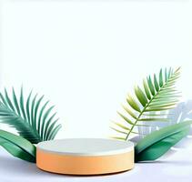 Summer themed tropical podium for display product. Background for cosmetic product branding, identity and packaging isolated on white background with empty space AI Generated photo