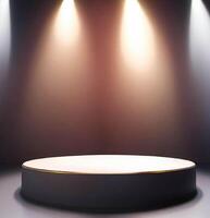 Round podium illuminated by lights, product presentation background withe empty space around it photo