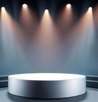 Round podium illuminated by lights, product presentation background withe empty space around it photo