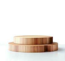 Wooden podium for display product. Background for cosmetic product branding, identity and packaging isolated on white background with empty space AI Generated photo