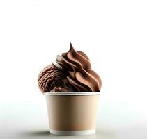 Chocolate ice cream scoops in a paper cup on white background with empty space around it AI Generated photo