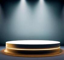 Round podium illuminated by lights, product presentation background withe empty space around it AI Generated photo