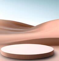 Round podium in the desert for display product. Background for cosmetic product branding, identity and packaging photo