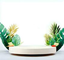 Summer themed tropical podium for display product. Background for cosmetic product branding, identity and packaging isolated on white background with empty space AI Generated photo