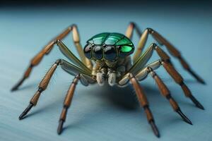 jumping spider closeup on solid color background, copyspace. ai generative photo